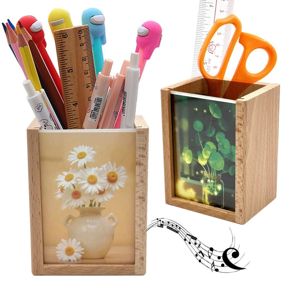 1258 Solid Wood Mini Photo Frame Pen Holder Wind Up Music Box for Desk